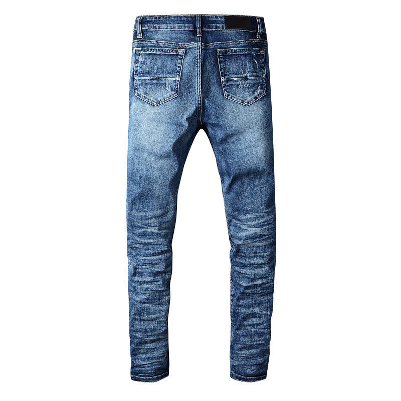 IAC | Black leather padded blue skinny jeans