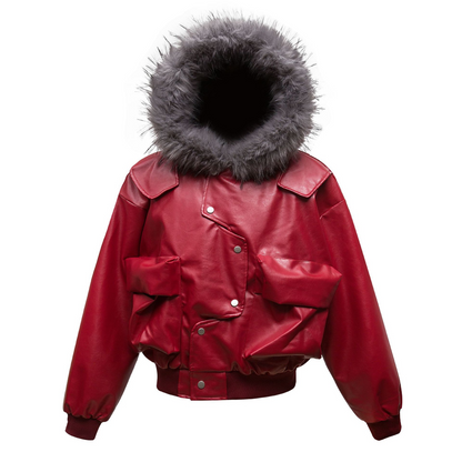 IAC | Red Heart leather fur bomber