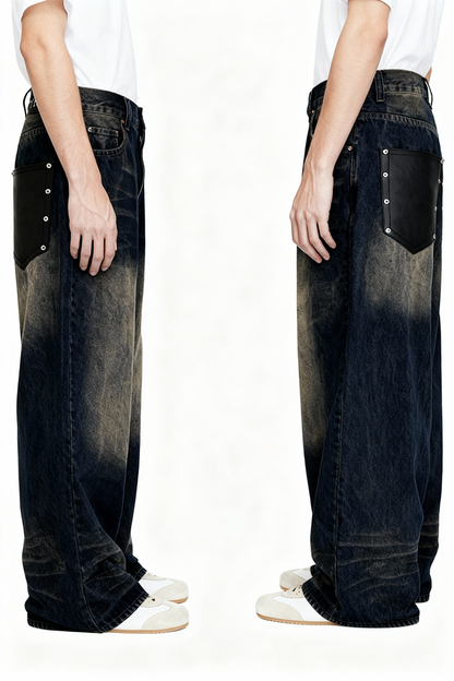 IAC | BLACK LEATHER POCKET BAGGY JEANS