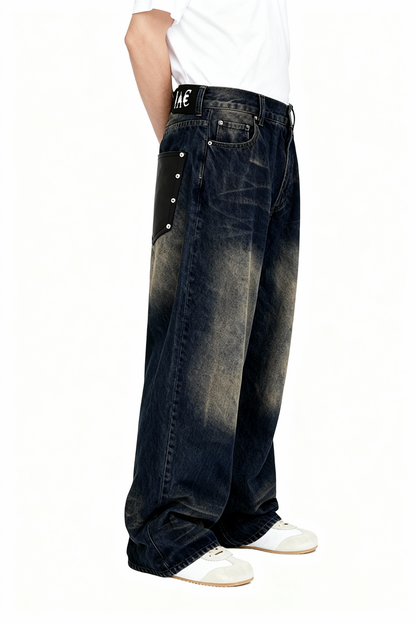 IAC | BLACK LEATHER POCKET BAGGY JEANS